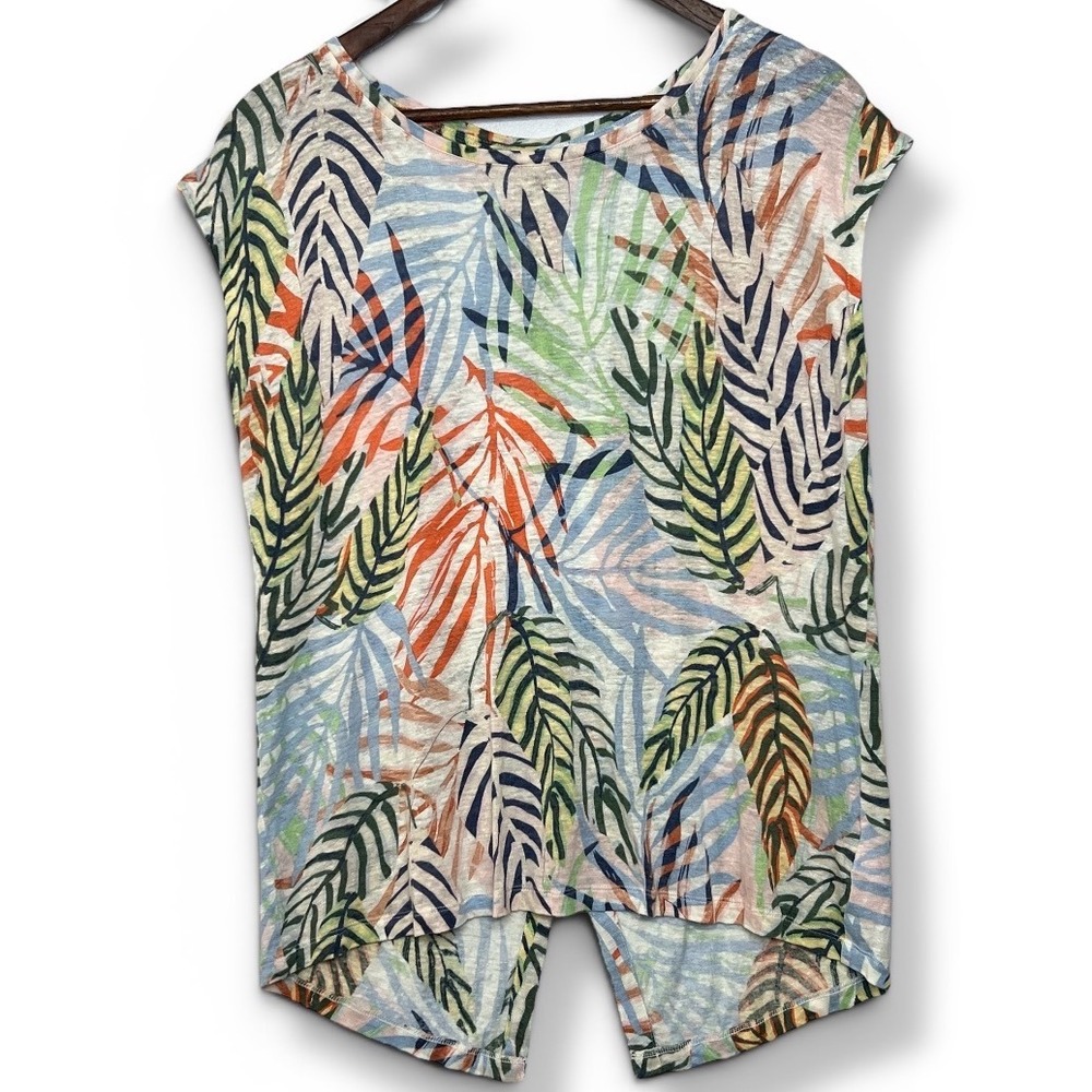 Tahari 100% Linen Blouse M Multicolor Tropical Button Back Lagenlook Vacation